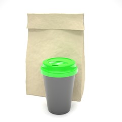 Coffee to go and lunch bag, on white.