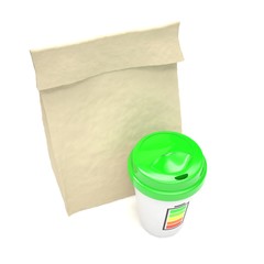 Coffee to go and lunch bag, on white.