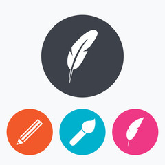 Feather retro pen signs. Brush and pencil icons.