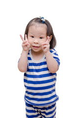 Little Asian girl showing victory hands and smiles