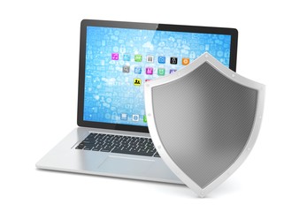 Laptop and shield on white, computer security concept