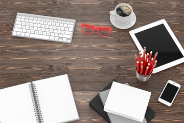 office stuff on table, workplace, top view