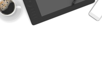 coffee and office stuff on table, workplace, top view