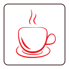 Coffee cup icon. Mug for cappuccino, espresso, mocha, latte, coffee, tee drinks. Symbol of hot beverage. Flat graphic style. Red silhouette isolated on white background in frame. Vector illustration