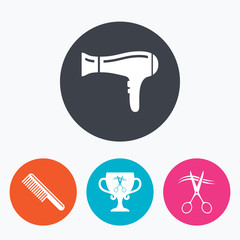 Hairdresser icons. Scissors cut hair symbol.