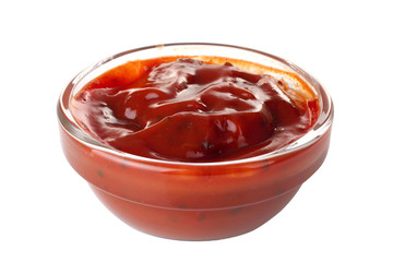 spicy red sauce in bowl isolated on white background