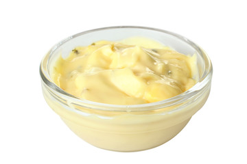 tasty cheese sauce in bowl isolated on white background