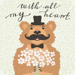 With all my heart. Hipster bear with a bouquet of flowers. Vintage card in cartoon style.