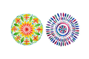 Set of two different colored mandalas in watercolors