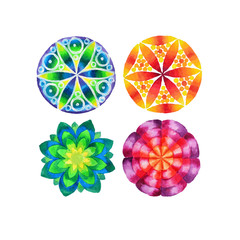 Set of four different colored mandalas in watercolors