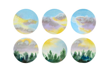 Set of six watercolor circle shapes with a landscape