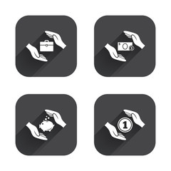 Hands insurance icons. Money savings signs.
