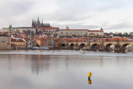 Prague, Czech Republic, Old Town in a retro style winter, cold toning. color images of Europe with space for text.