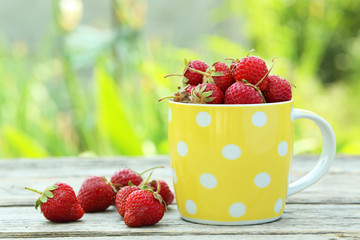 Strawberries berry in cup on grey wooden background