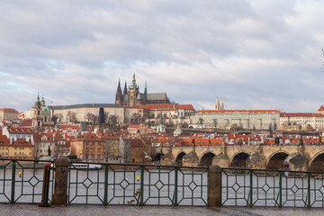 Prague, Czech Republic, Old Town in a retro style winter, cold toning. color images of Europe with space for text.