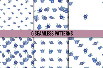 Set osix seamless patterns with blue flowers