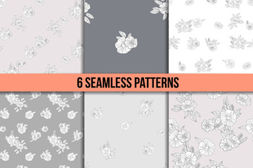 set of six black and white floral patterns