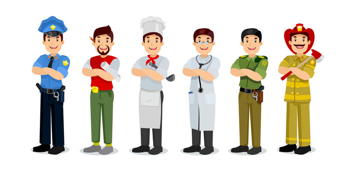 Set of colorful profession man flat style icons policeman, artist, cooker, military, doctor, firefighter. 