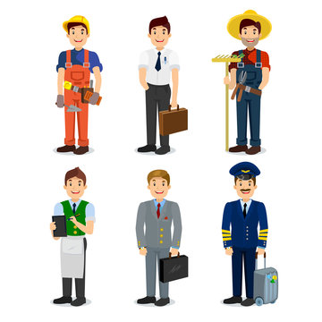 Set of colorful profession man flat style icons pilot, businessman, builder, waiter, farmer, manager. 