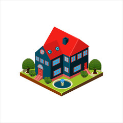 Isometric icon representing modern house with backyard