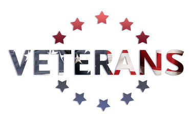 Word Veterans and stars around in American flag colors isolated on white