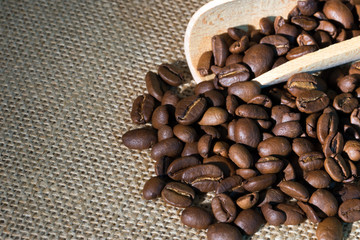 Coffee beans / Coffee beans lying on jute fabric