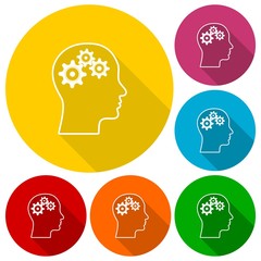 Gear in head icons set with long shadow
