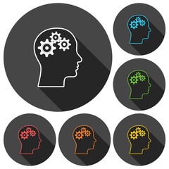 Gear in head icons set with long shadow