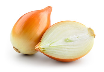 Fresh onion bulb with cut isolated on white. With clipping path.