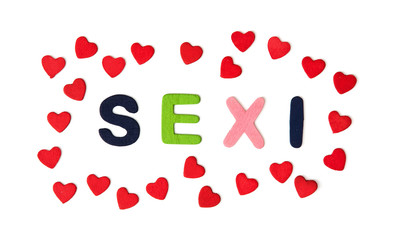 Colorful title SEXI with hearts on the white background - obrazy, fototapety, plakaty