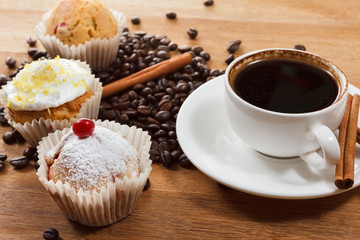 Sweet muffin and coffee. Overhead view