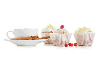 Cup of Coffee and muffin isolated on white