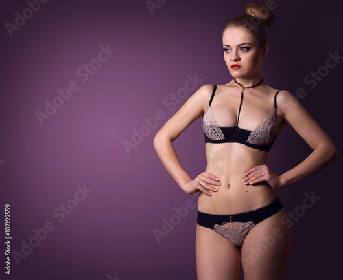 Fashion Portrait Of Babe Sexy Model Woman Sensual Posing In Lingerie Purple Background Copy