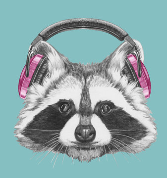 Portrait of Raccoon with headphones. Hand drawn illustration.