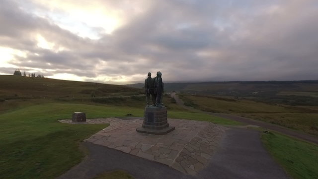 Stunning aerial shot of the commando memorial at Spean Bridge near Fort William in the Scottish highlands
