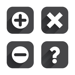 Plus and minus icons. Question FAQ symbol.