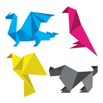 Origami in printing inks.
Four simple stylized origami models in printing inks. Concept for presenting of color printing.  Vector available.
