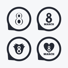 8 March Women's Day icons. Flower, heart symbols