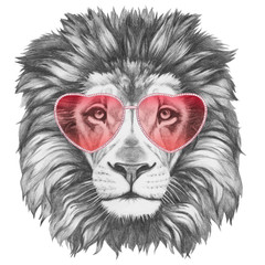 Lion in Love! Portrait of Lion with heart shaped sunglasses. Hand drawn illustration.