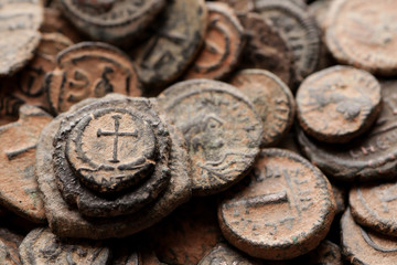 Pile of ancient Byzantine copper coins top view
