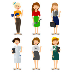 Set of colorful profession woman flat style icons engineer, a housewife, a yoga instructor, researcher, entrepreneur, consultant on the phone.  Vector characters of different professions
