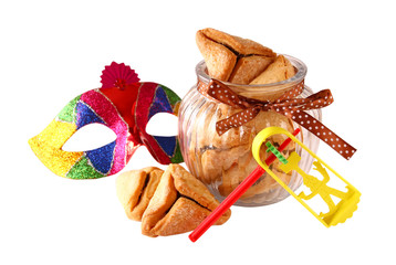 Purim celebration concept (jewish carnival holiday). selective focus. isolated on white
