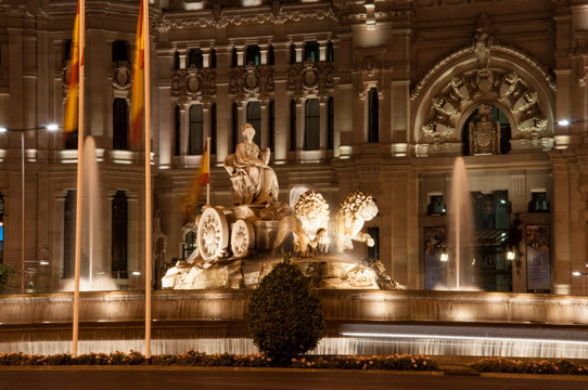The Cybele Fountain on Plaza de Cibeles, Madrid, at night