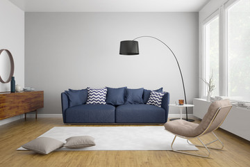 Modern scandinavian living room with blue sofa
