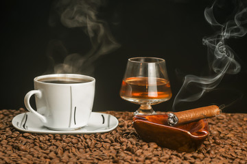 Hot coffee, lit a cigar and drink
