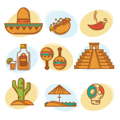 Go to Mexico, vector mexican symbols emblems and icons collectio