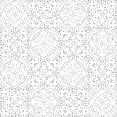 Low contrasting vintage ornament, gray drawing on white background. Repeating filigree geometric patterns in victorian style.