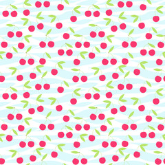 Seamless cherry pattern on striped background