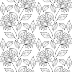 Fototapeta premium Vector Seamless Monochrome Floral Pattern