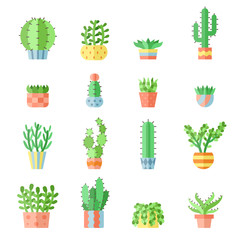 Succulents and cacti flat multicolored vector icons set. Modern minimalistic design.
